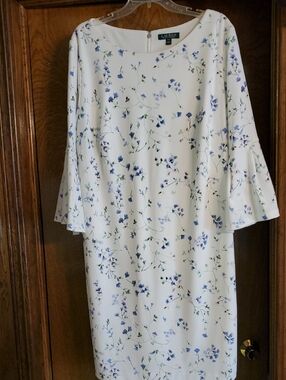 Lauren Ralph Lauren White Dress with Blue Floral Print and Bell Sleeves